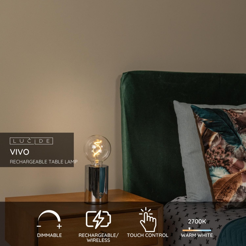 Lucide VIVO - Rechargeable Table lamp - Battery pack - Ø 8 cm - LED Dim. - E27 - 1x1W 2700K - Chrome